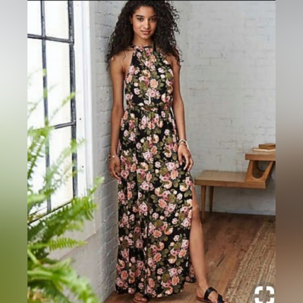 American Eagle Outfitters Halter Maxi Dress In Black/Pink Floral Pattern